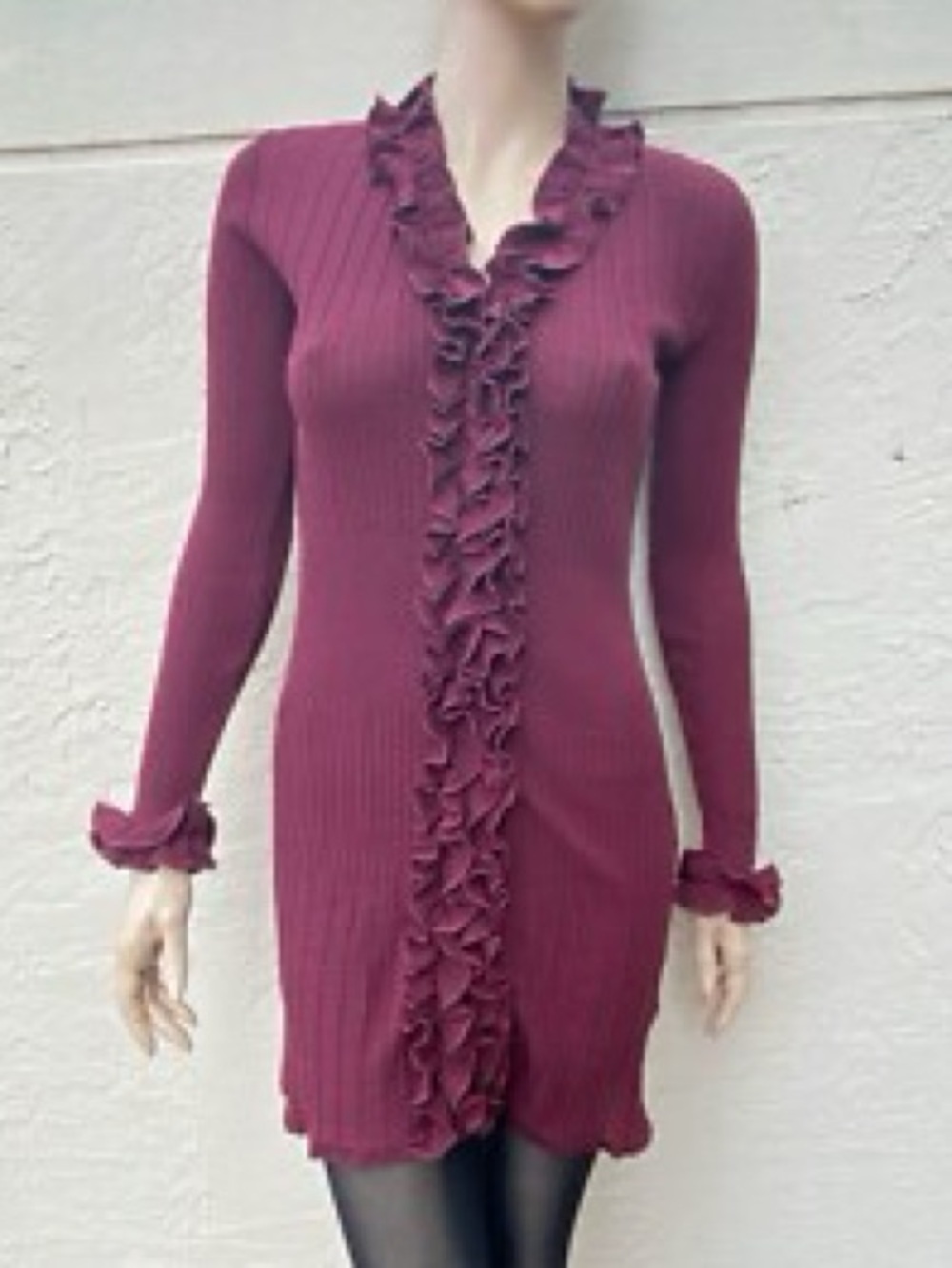 ANNE FONTAINE Emmalee Burgundy Ruffled Wool Knit Mini Dress size 8